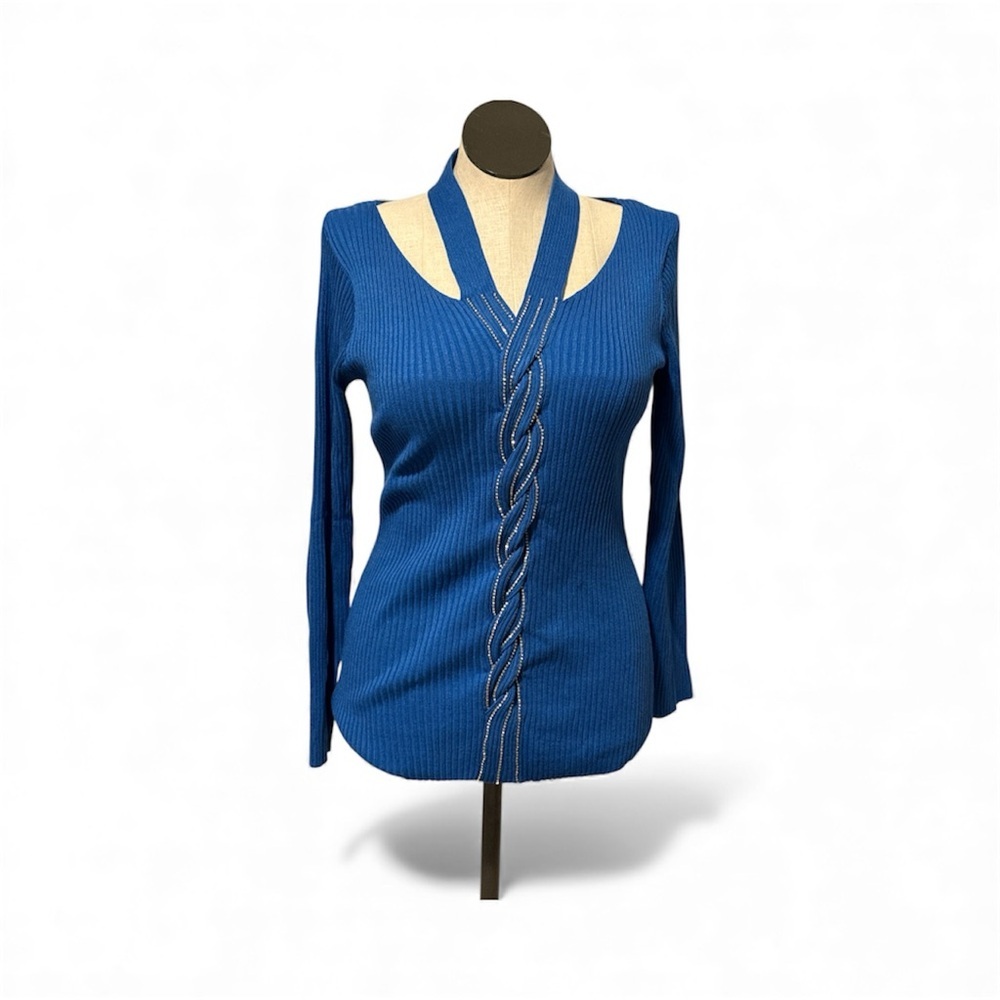 Ashley Stewart Sweater blue ribbed rhinestones braid cutout pullover Size 14/16
